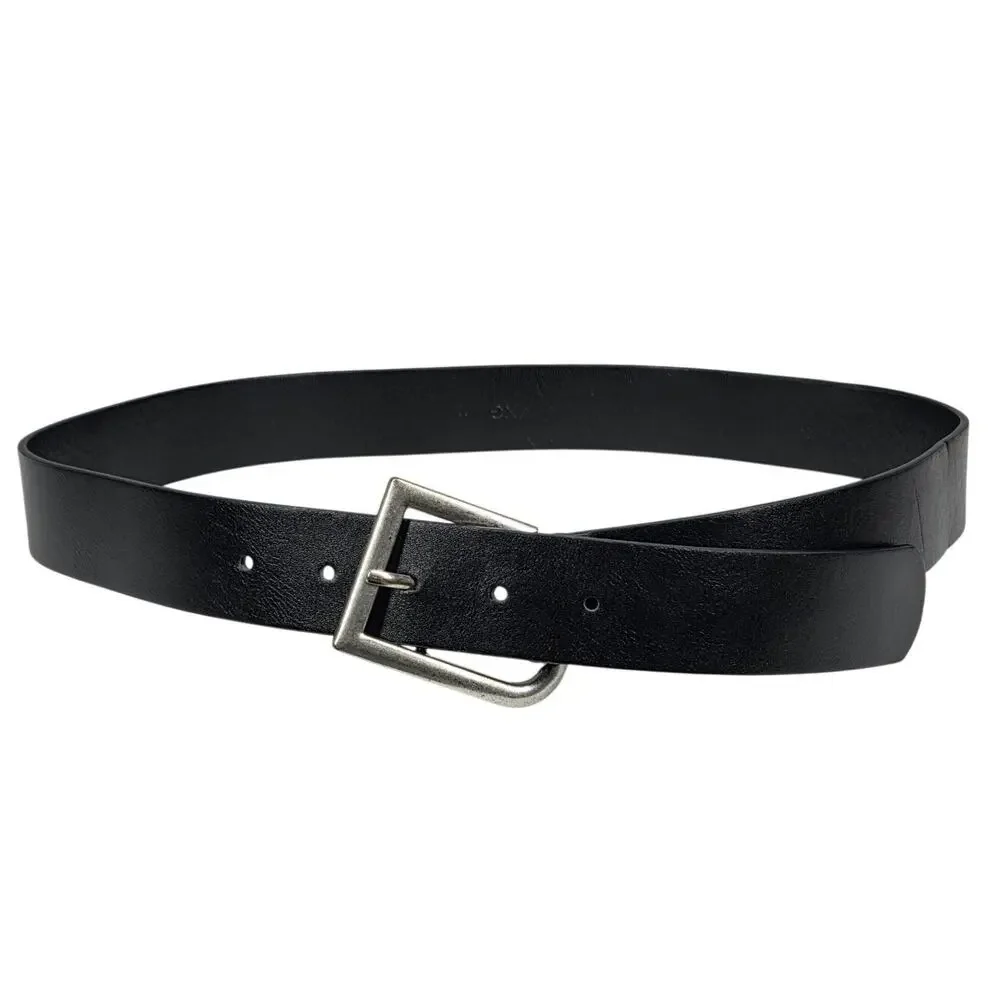 MNG (MANGO) GENUINE LEATHER BELT – BLACK/SILVER BUCKLE – WOMEN’S SIZE M (30–34